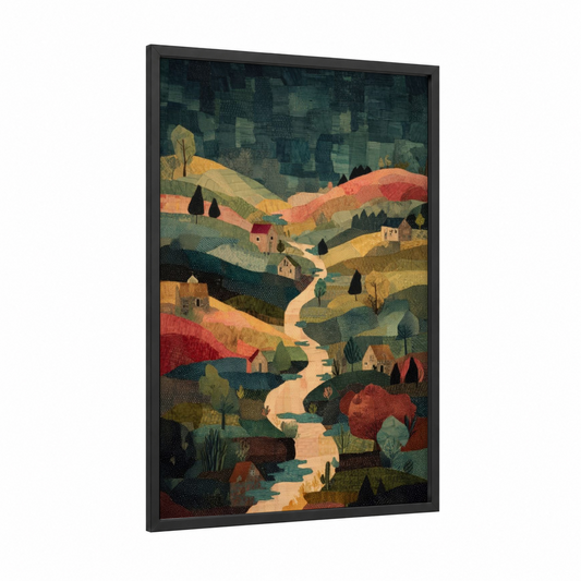 Winding Valley Road framed road and highways print — black wood frame — olive and gold palette