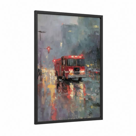 Rainy Dispatch Fire Engine framed art print — black wood frame — red and gray palette