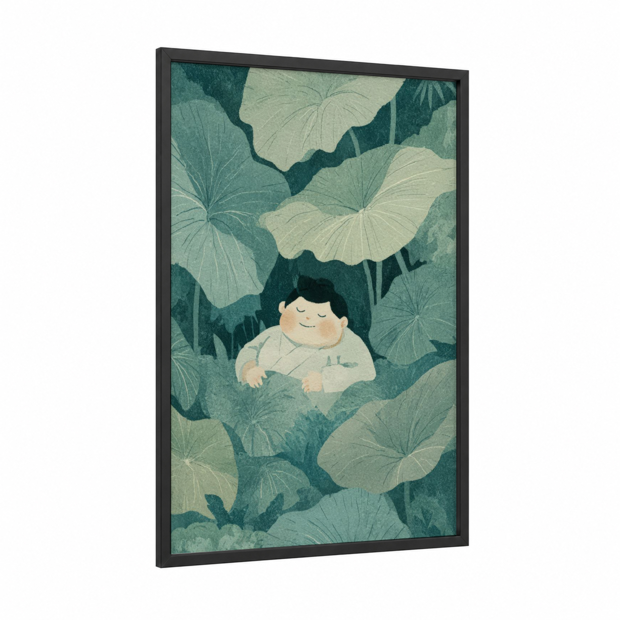 Peaceful Sumo Dreamer framed art print — black wood frame — teal and cream palette