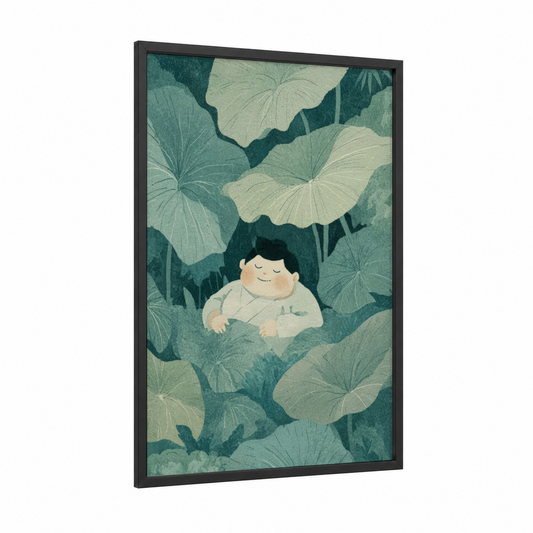 Peaceful Sumo Dreamer framed art print — black wood frame — teal and cream palette
