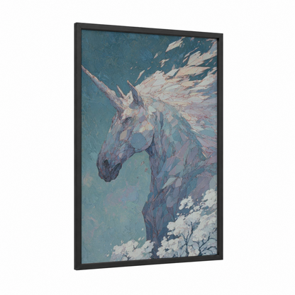 Ethereal Unicorn framed unicorns print — black wood frame — blue and cream palette