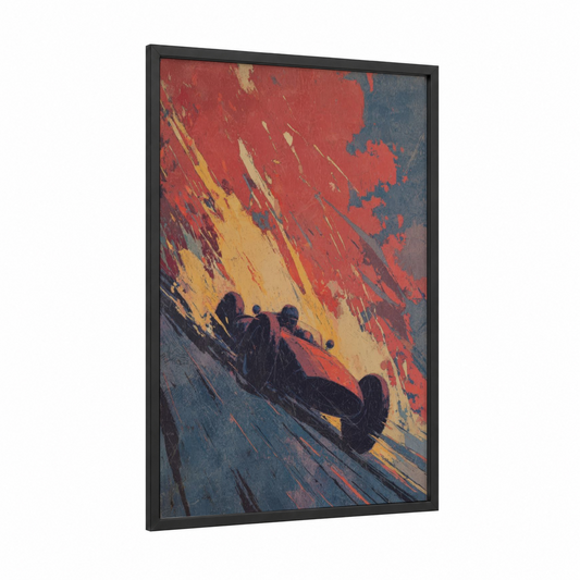 Crimson Racer framed sports car print — black wood frame — red and yellow gold palette