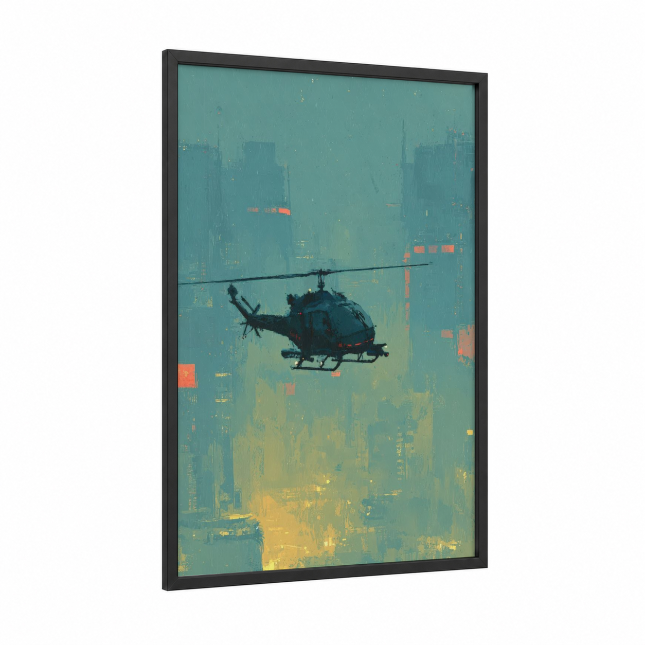 Urban Helicopter framed art print — black wood frame — teal and yellow gold palette