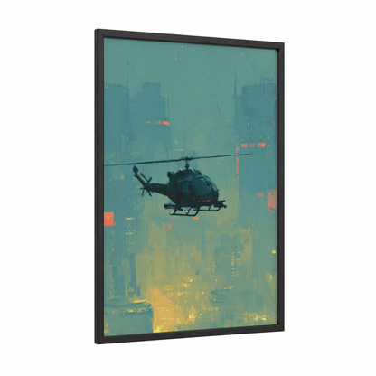 Urban Helicopter framed art print — black wood frame — teal and yellow gold palette