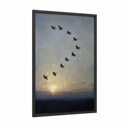 Sunset Flight framed toucan print — black wood frame — gold and blue and yellow palette