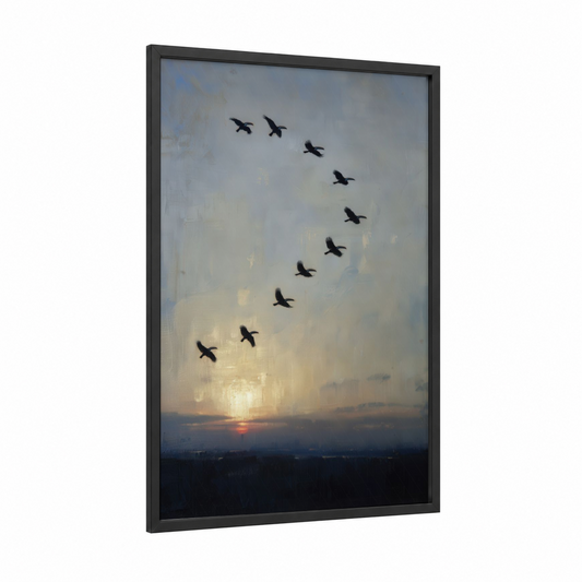Sunset Flight framed toucan print — black wood frame — gold and blue and yellow palette