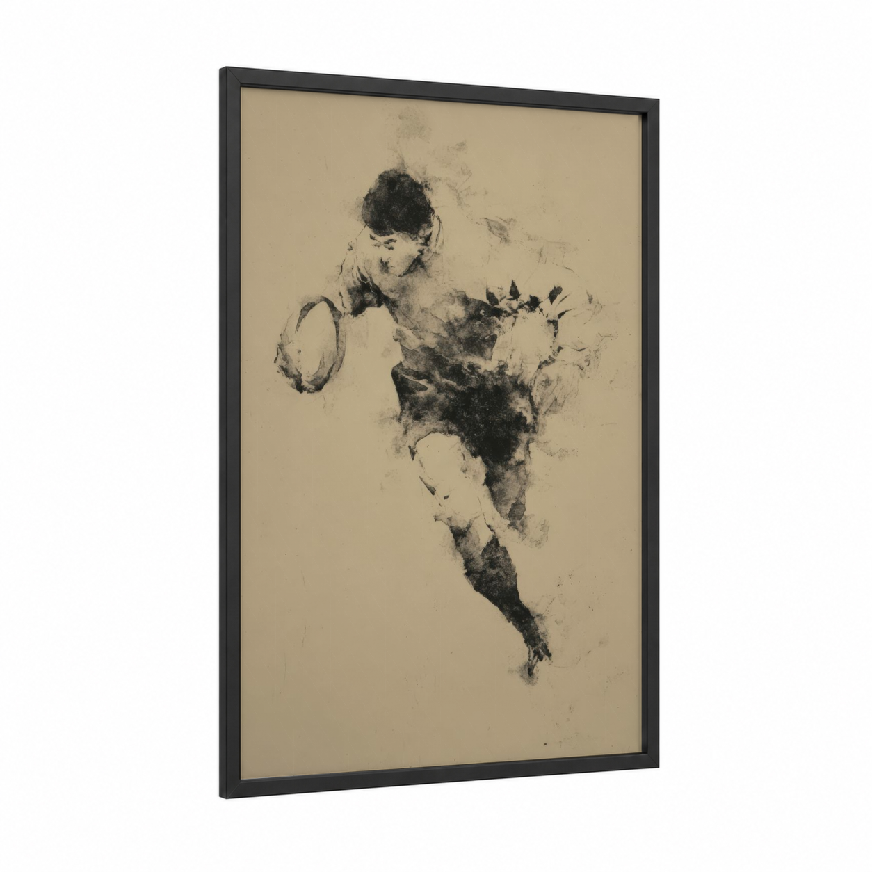 Dynamic Rugby Player framed art print — black wood frame — black and black and white palette