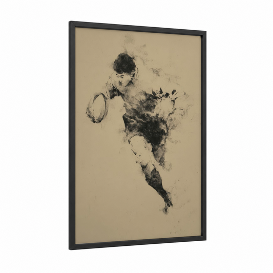 Dynamic Rugby Player framed art print — black wood frame — black and black and white palette