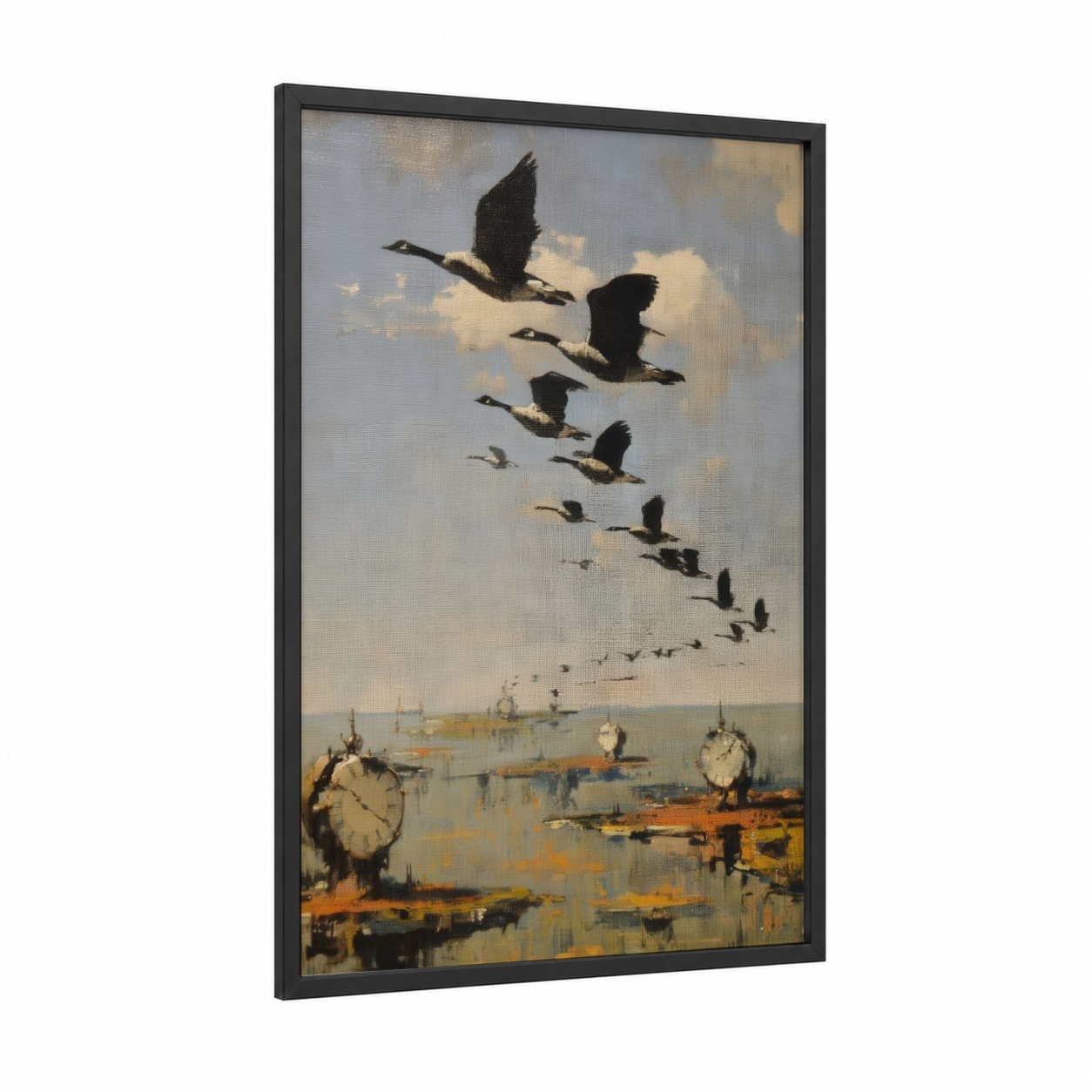 Migrating Geese Formation framed art print — black wood frame — blue and white and gold palette