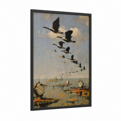 Migrating Geese Formation framed art print — black wood frame — blue and white and gold palette