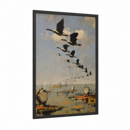 Migrating Geese Formation framed art print — black wood frame — blue and white and gold palette