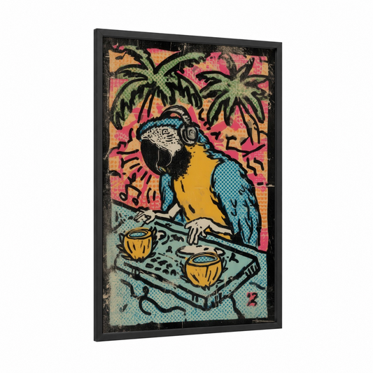 DJ Macaw framed art print — black wood frame — blue and pink palette