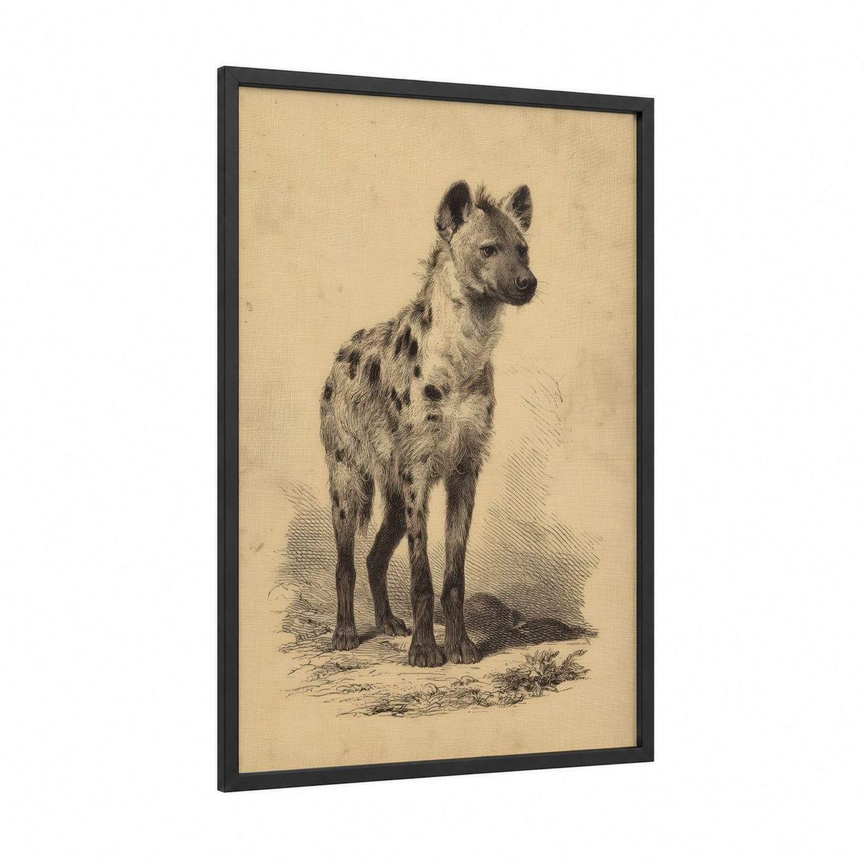Standing Hyena framed art print — black wood frame — beige and black and white palette