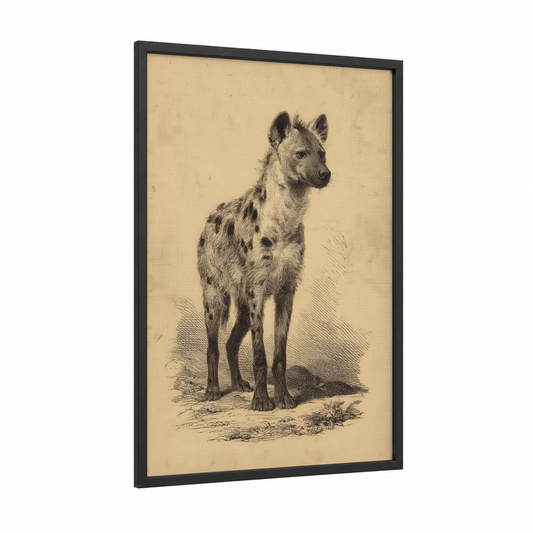 Standing Hyena framed art print — black wood frame — beige and black and white palette