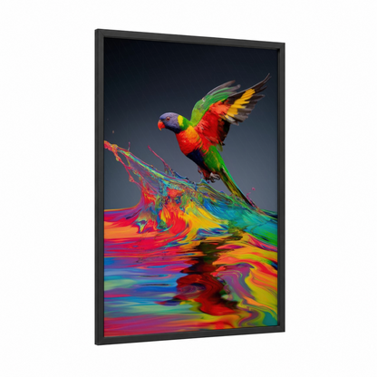 Colorful Lorikeet framed rainbow lorikeet print — black wood frame — magenta and yellow gold palette