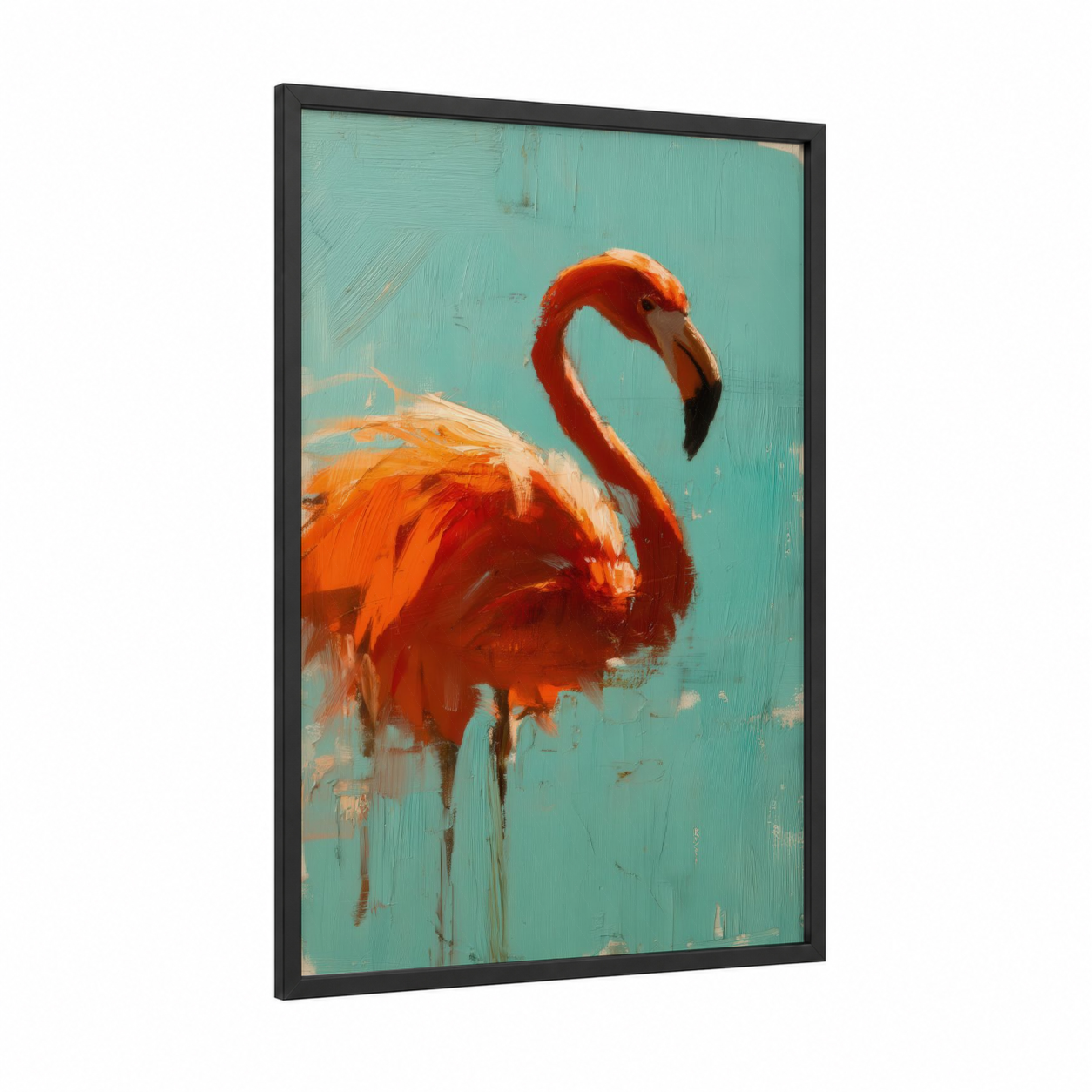 Crimson Flamingo framed art print — black wood frame — red and teal palette