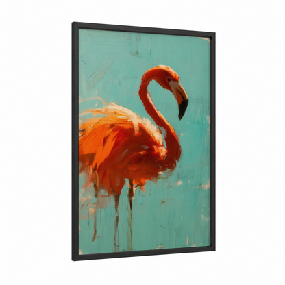 Crimson Flamingo framed art print — black wood frame — red and teal palette