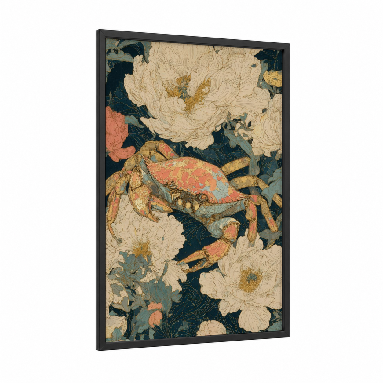 Floral Crab framed art print — black wood frame — dark blue and salmon pink palette
