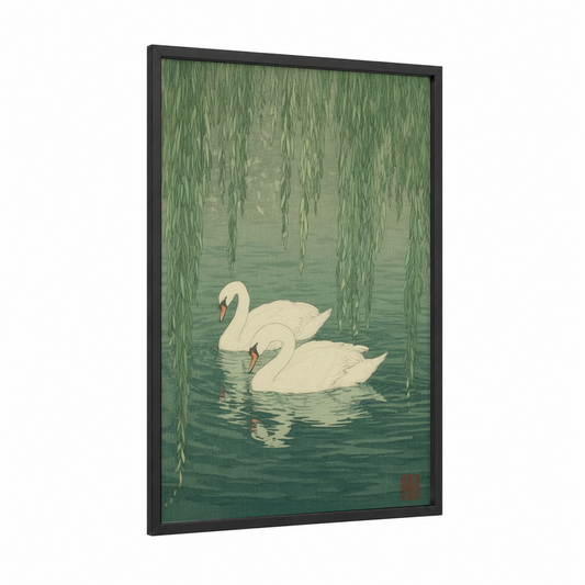 Willow Swans framed fairytale print — black wood frame — light green and cream palette