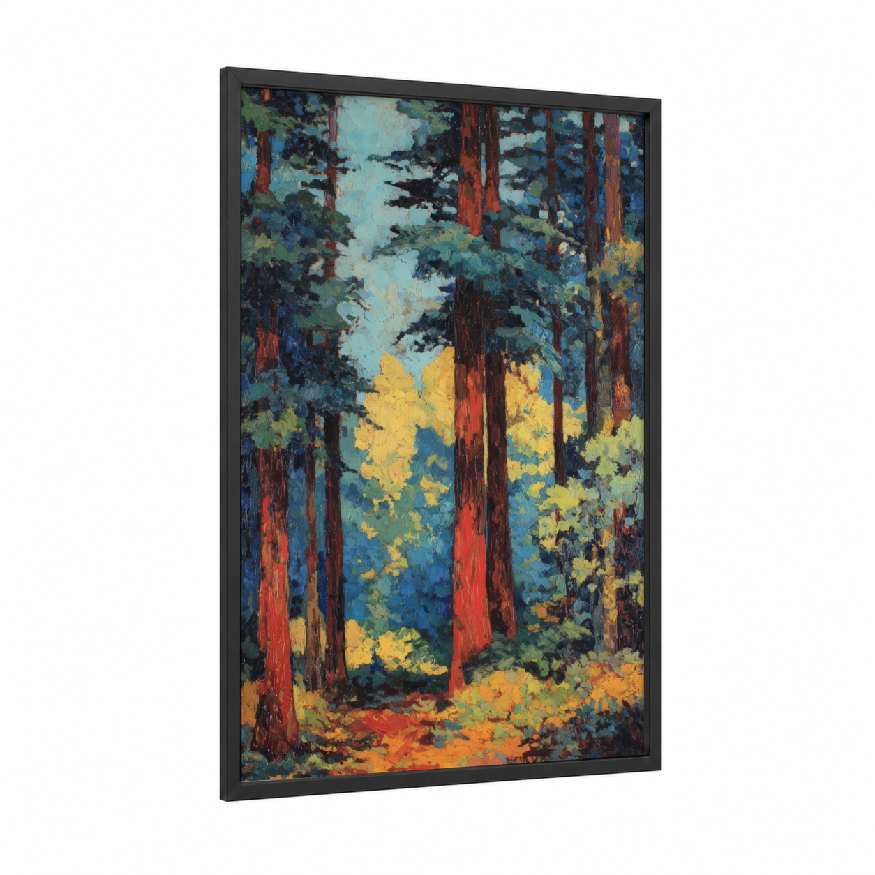Autumn Redwood Forest framed redwood tree print — black wood frame — blue and gold and orange palette