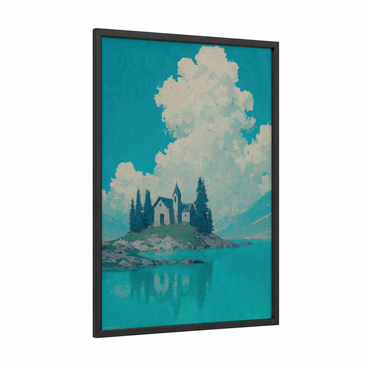 Alpine Chapel Sanctuary framed churches and chapels print — black wood frame — teal and cream palette