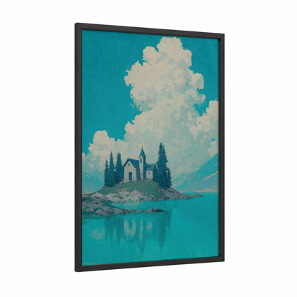 Alpine Chapel Sanctuary framed churches and chapels print — black wood frame — teal and cream palette