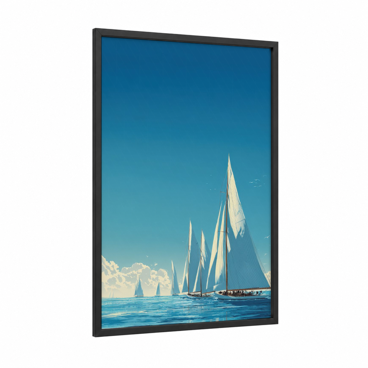Classic Sailing Regatta framed sailing ship print — black wood frame — blue and white palette