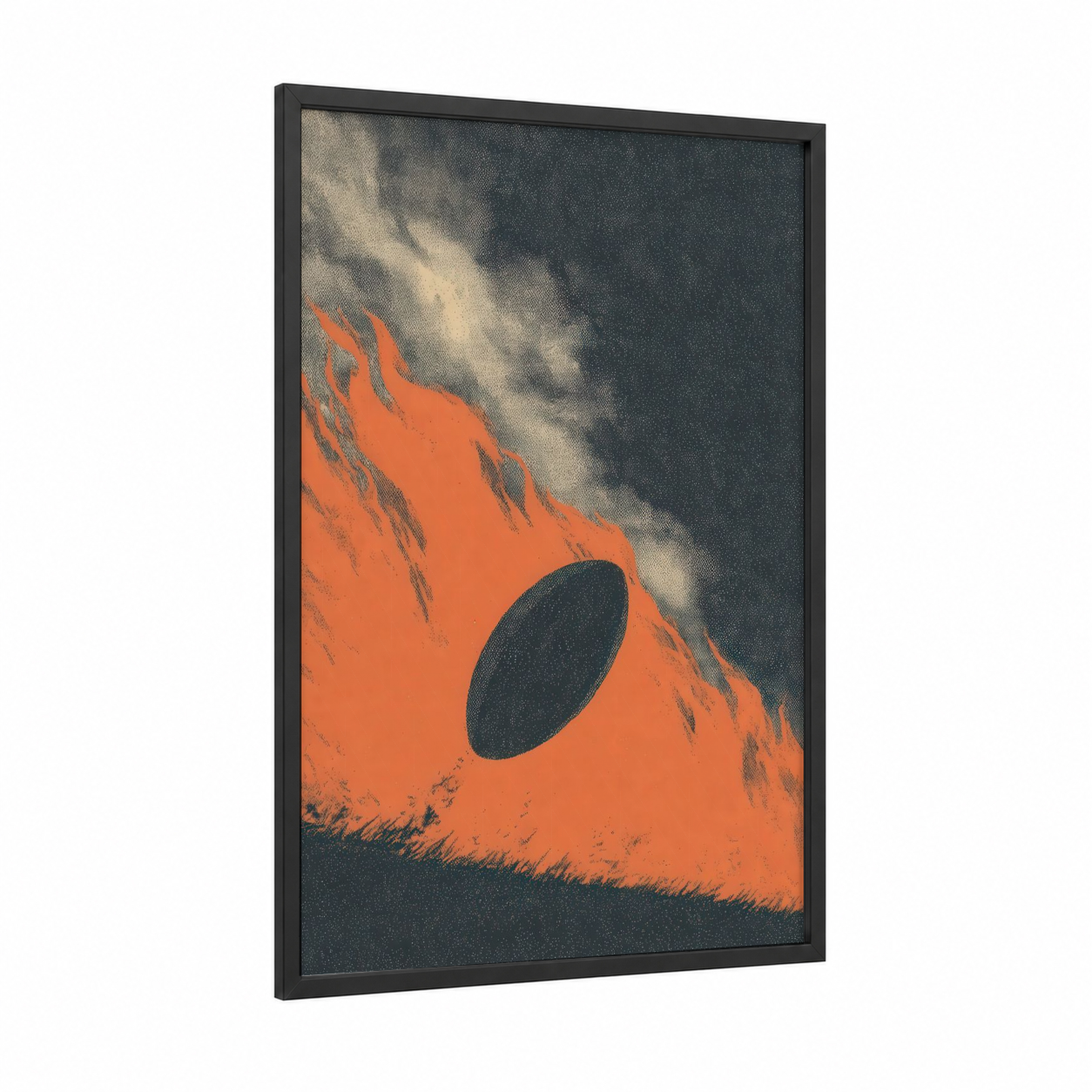 Fiery Rugby Impact framed art print — black wood frame — orange and black and white palette