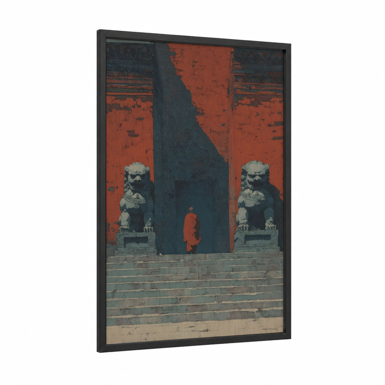 Temple Guardian framed kung fu print — black wood frame — red and dark blue palette