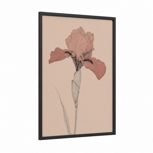 Salmon Iris framed art print — black wood frame — salmon pink and beige palette