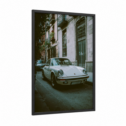 Vintage Porsche Street framed sports car print — black wood frame — white and gray palette