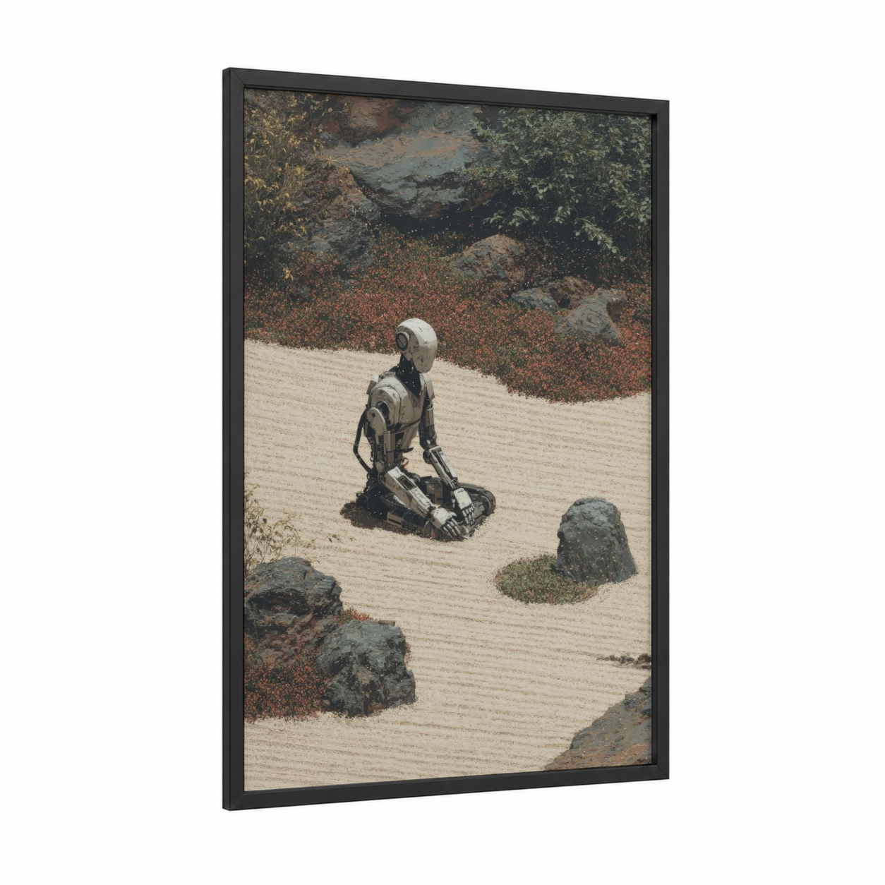 Desert Explorer Robot framed sci-fi print — black wood frame — russet and beige palette