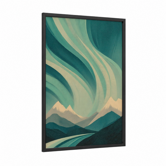 Aurora Mountain Glow framed northern lights print — black wood frame — teal and cream palette