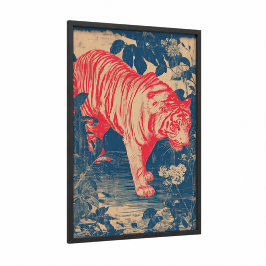 Jungle Tiger Print framed art print — black wood frame — red and dark blue palette