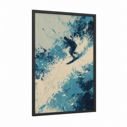 Azure Motion framed wakeboarding print — black wood frame — teal and cream palette