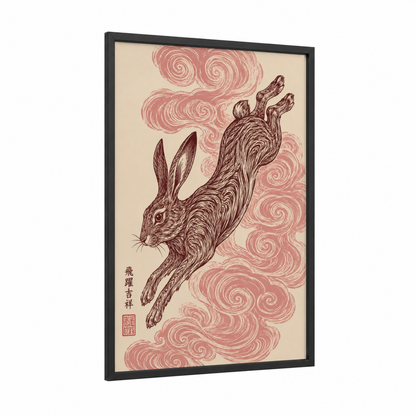 Japanese Rabbit Woodblock Style Wall Art framed art print — black wood frame — beige and maroon palette