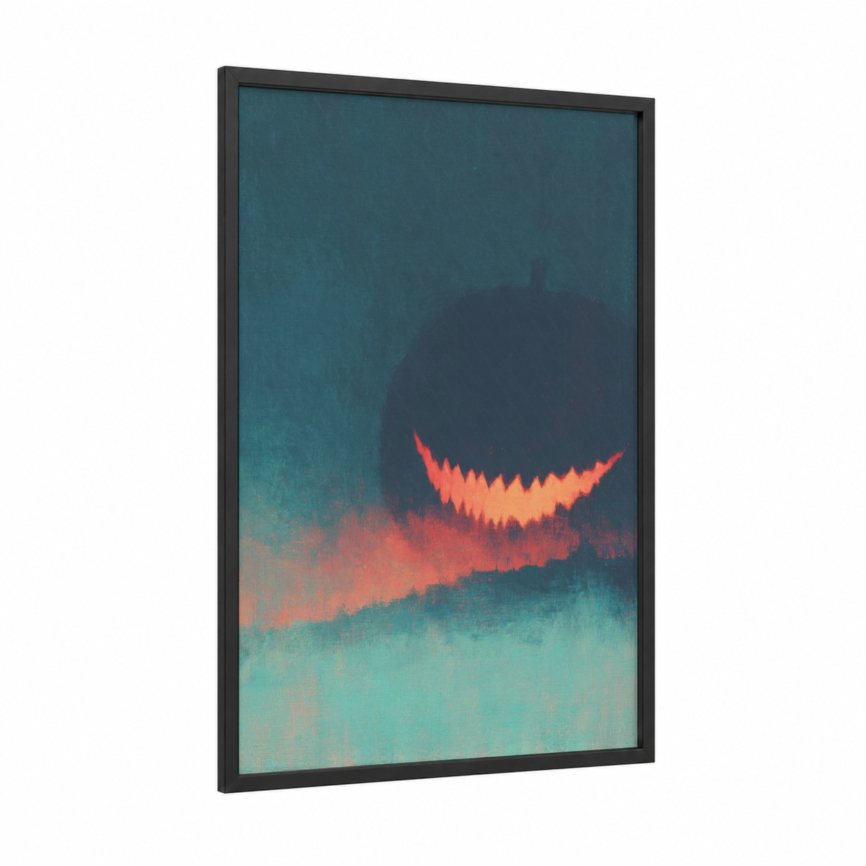 Sinister Grin framed halloween print — black wood frame — teal and orange palette