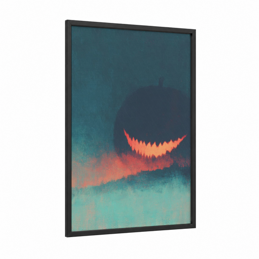 Sinister Grin framed halloween print — black wood frame — teal and orange palette