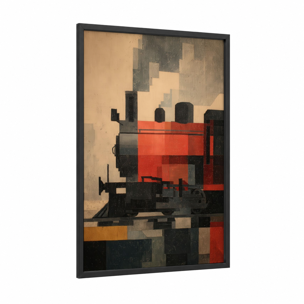 Industrial Red Train framed art print — black wood frame — red and black palette