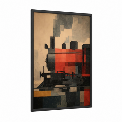 Industrial Red Train framed art print — black wood frame — red and black palette
