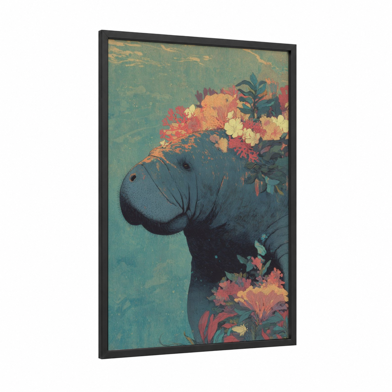 Floral Manatee framed manatees print — black wood frame — turquoise and salmon pink palette