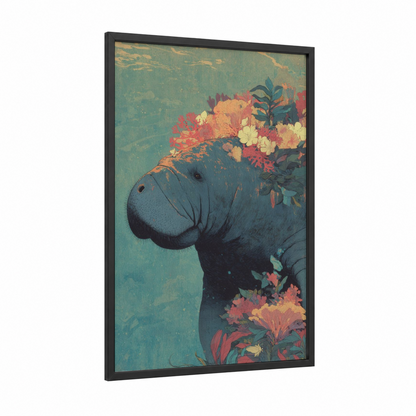 Floral Manatee framed manatees print — black wood frame — turquoise and salmon pink palette