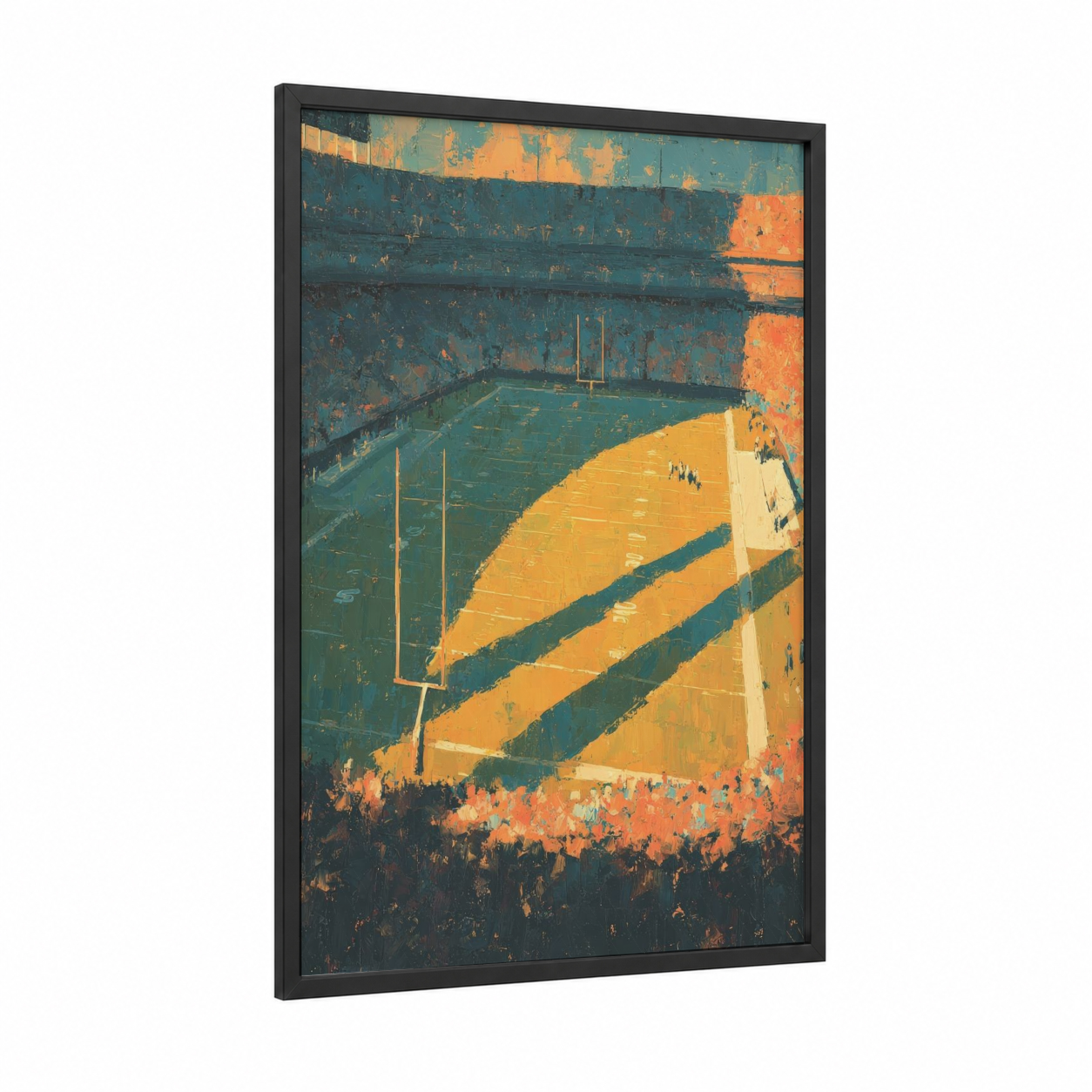 Golden Stadium Light framed stadiums and fields print — black wood frame — teal and orange palette