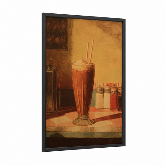 Vintage Milkshake framed art print — black wood frame — gold and russet palette