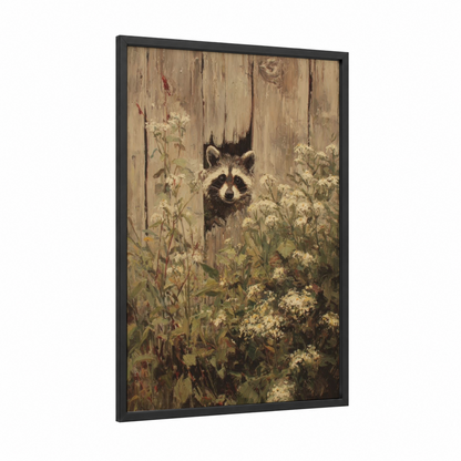 Garden Raccoon framed art print — black wood frame — beige and sage green palette