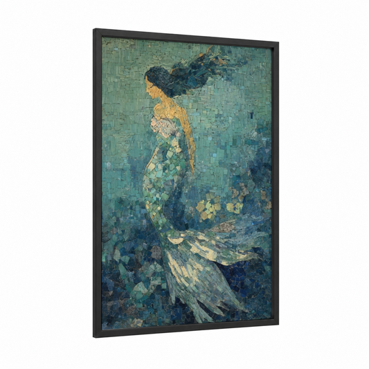 Mosaic Mermaid framed art print — black wood frame — teal and gold palette