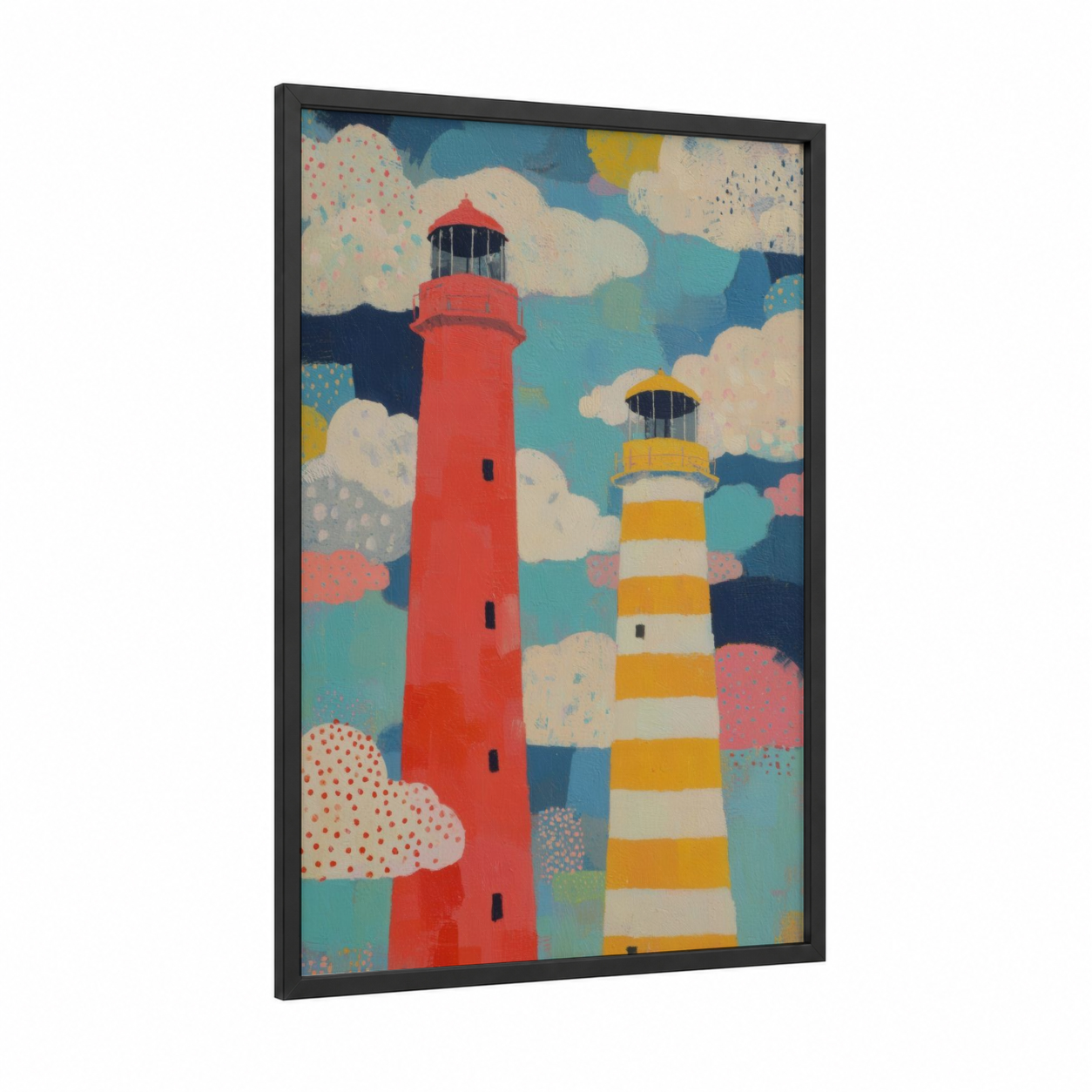 Striped Lighthouse Pair framed art print — black wood frame — blue and gold palette