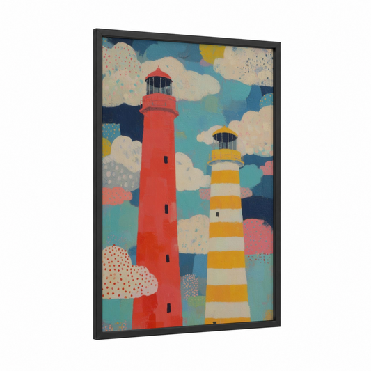 Striped Lighthouse Pair framed art print — black wood frame — blue and gold palette