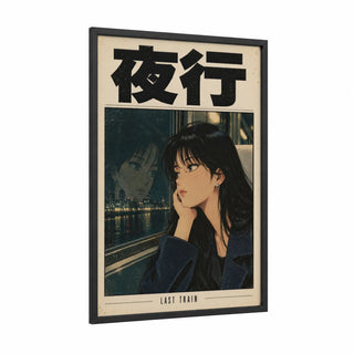 Japanese Night Train Reflection Wall Art framed subway print — black wood frame — denim and black palette
