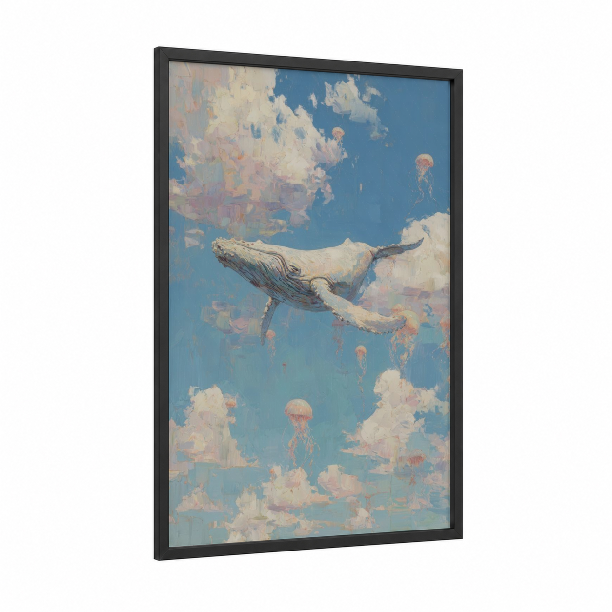 Dreaming Whale framed gray whale print — black wood frame — blue and cream palette